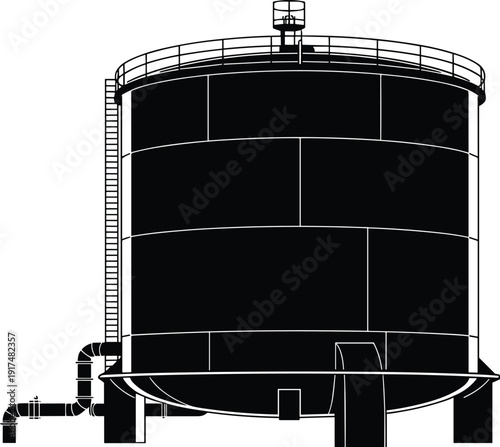 Industrial storage tank silo silhouette, large oil fuel water reservoir container with ladder piping isolated on white background