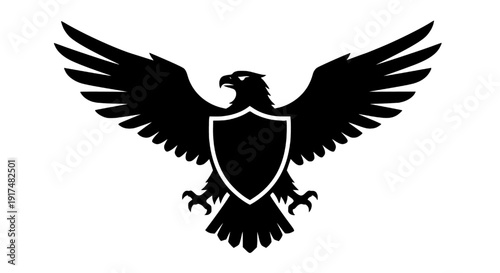 Majestic eagle in flight with shield emblem illustration on a clean background from a direct viewpoint