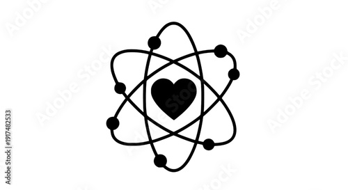 Atomic structure with a heart at its center, symbolizing love and science in a simple illustration