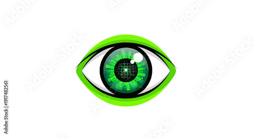 A vibrant green eye illustration on a clean background viewed straight on showcasing detailed iris and pupil