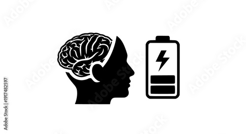 Human head silhouette with visible brain next to a battery icon representing mental energy and power