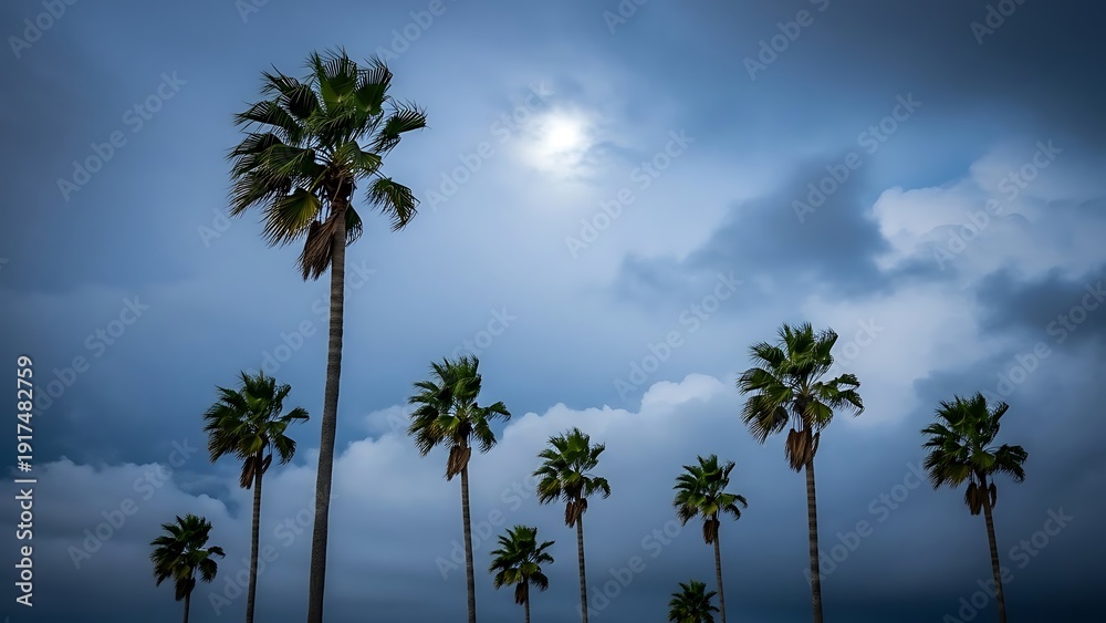 Fototapeta premium Palm trees against cloudy blue sky with sun cloudy sky tropical