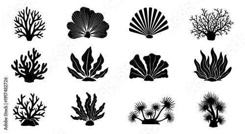 Black vector silhouette set of trees with floral leaves, butterflies and decorative ornamental elements for nature design