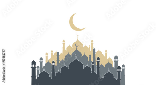 Illustration of a mosque silhouette with a crescent moon on top, symbolizing Ramadan and Eid al-Fitr celebrations, in a simple, iconic design.