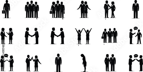 Business people silhouettes set, professionals shaking hands and communicating, teamwork agreement and corporate interaction concept, black vector illustration