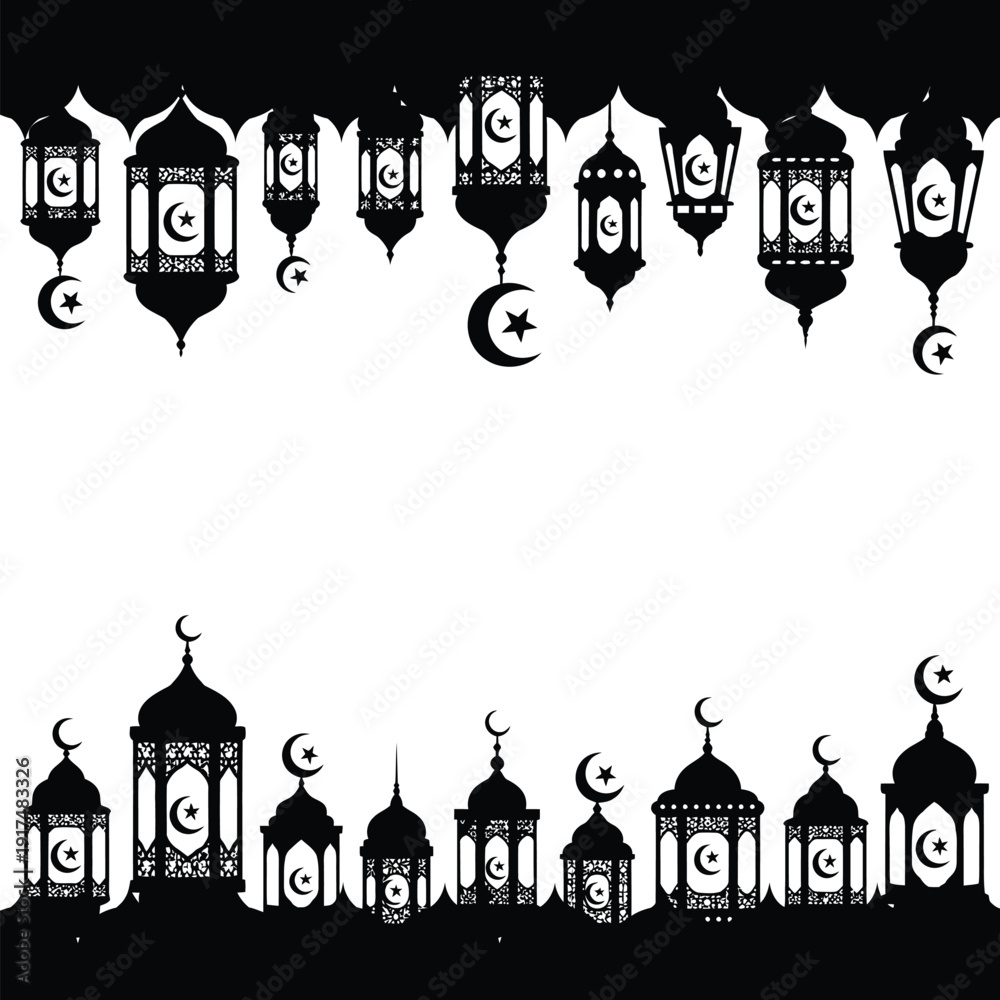Fototapeta premium A silhouette of lanterns and mosques with crescent moon symbols for ramadan.