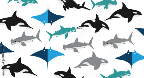 Various marine animals including orcas, dolphins, and sharks swim together in a pattern on a white background from a direct viewpoint
