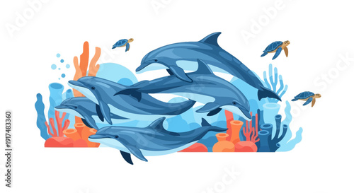Underwater scene with dolphins swimming among fish and coral reefs in the ocean viewed from above