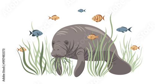 Manatee swims surrounded by fish and seaweed in ocean environment from side view