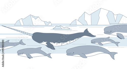 Narwhal pod swimming near icebergs in icy arctic waters illustration