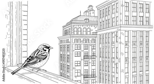 Sparrow on city windowsill with urban skyline in line art style