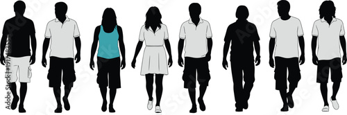 Casual people walking silhouettes, men and women in everyday clothing, modern human figures isolated on white background