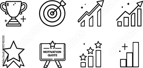 Set of eight essential black and white outline icons representing various office supplies and technical tools for calculation measurement planning and work documentation