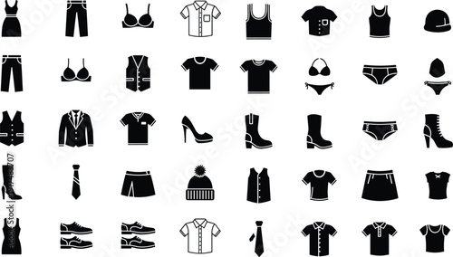 Clothing and fashion silhouettes icon set, apparel items for men and women including shoes and accessories isolated on white background