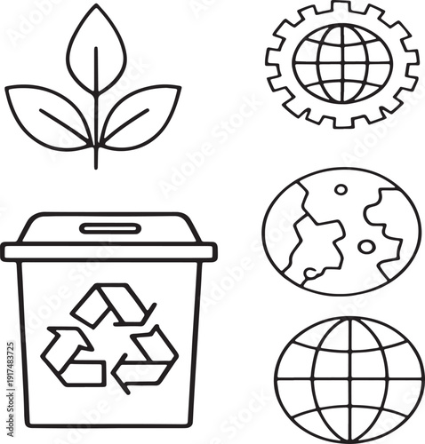 Collection of environmental icons including plant leaves recycling bin and globes recycle symbol earth
