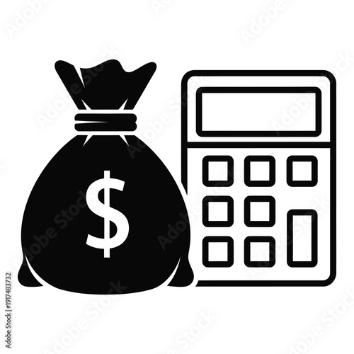 Black money bag with dollar sign and calculator icon for finance and accounting purposes icon