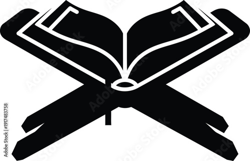 A simple graphic of an open book lying on top of crossed swords.
