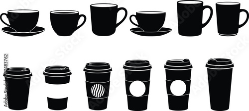 Coffee cup and takeaway mug silhouette set, hot beverage containers collection, cafe drink icons isolated on white background