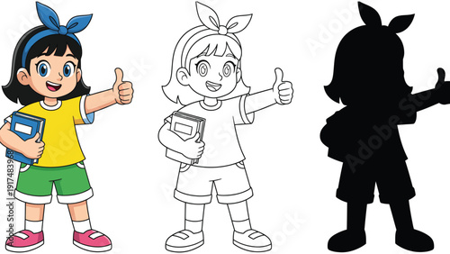 A cartoon girl holding a book and giving a thumbs up.