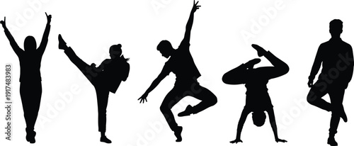 Dancer silhouette poses set showing jumping, kicking and acrobatic movements, dynamic dance and fitness action isolated on white background