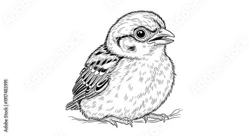 Fluffy baby sparrow in detailed line art style