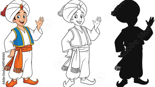 Prince illustration with colorful and silhouette versions for coloring book