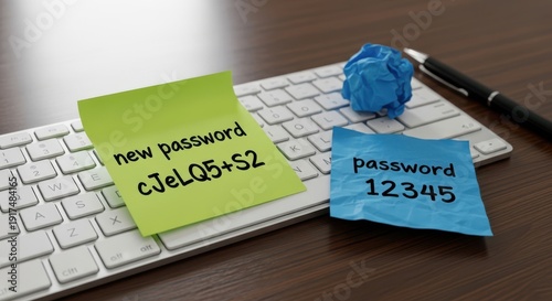 Sticky notes with passwords on a computer keyboard and pen on a wooden desk