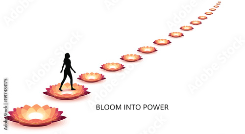 Inspirational empowerment concept with woman stepping on lotus flowers, 'Bloom into Power' motivational quote. Vector illustration symbolizing personal growth and inner strength. 