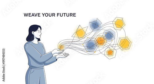 Woman weaving futuristic network connections with hexagons, symbolizing innovation and progress.