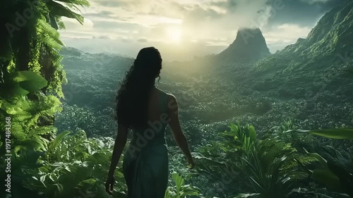 Woman gazes at lush green valley and mountain at sunrise.