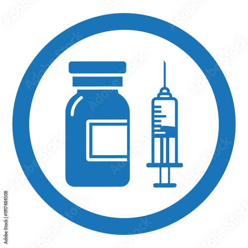 Medical bottle and syringe icon in blue circle isolated on transparent background icon