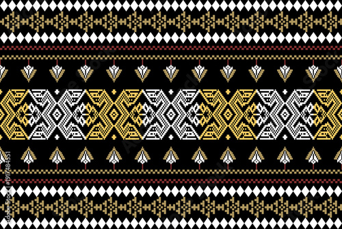 Luxury seamless geometric tribal pattern in black, gold and white. Symmetrical ornamental design inspired by traditional woven motifs, perfect for textile printing, wallpaper, packaging.