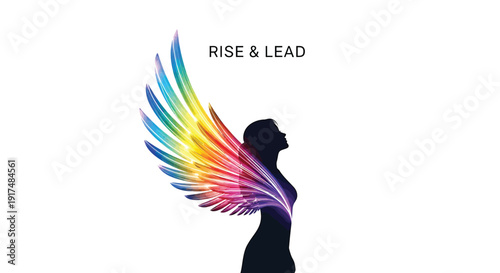 Woman with colorful wing silhouette, leadership symbol. Vibrant rainbow winged female profile. Isolated on transparent background.