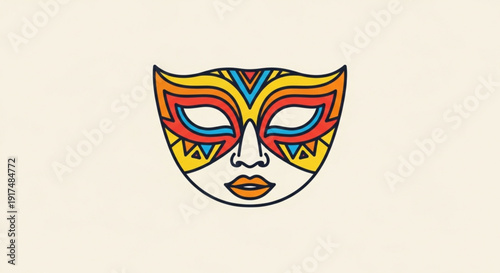 Vibrant colorful mask with geometric patterns on a plain background for carnival or festival themes