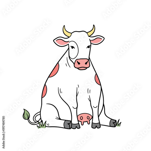 Cartoon Cow Sitting on Ground.