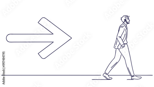 Man in suit walking towards a large arrow, symbolizing direction and progress.