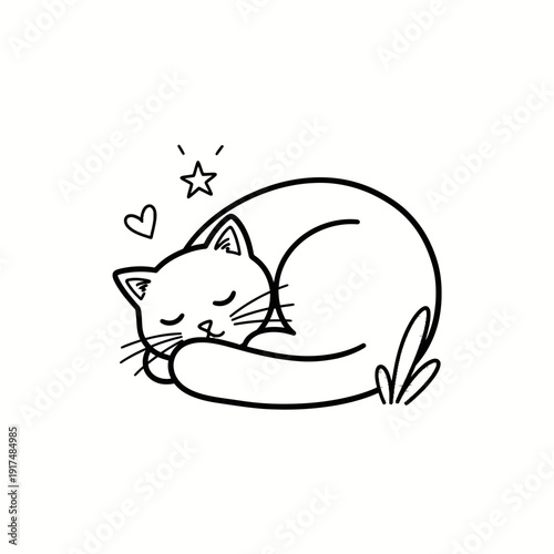 Sleeping Cat Illustration Black White.