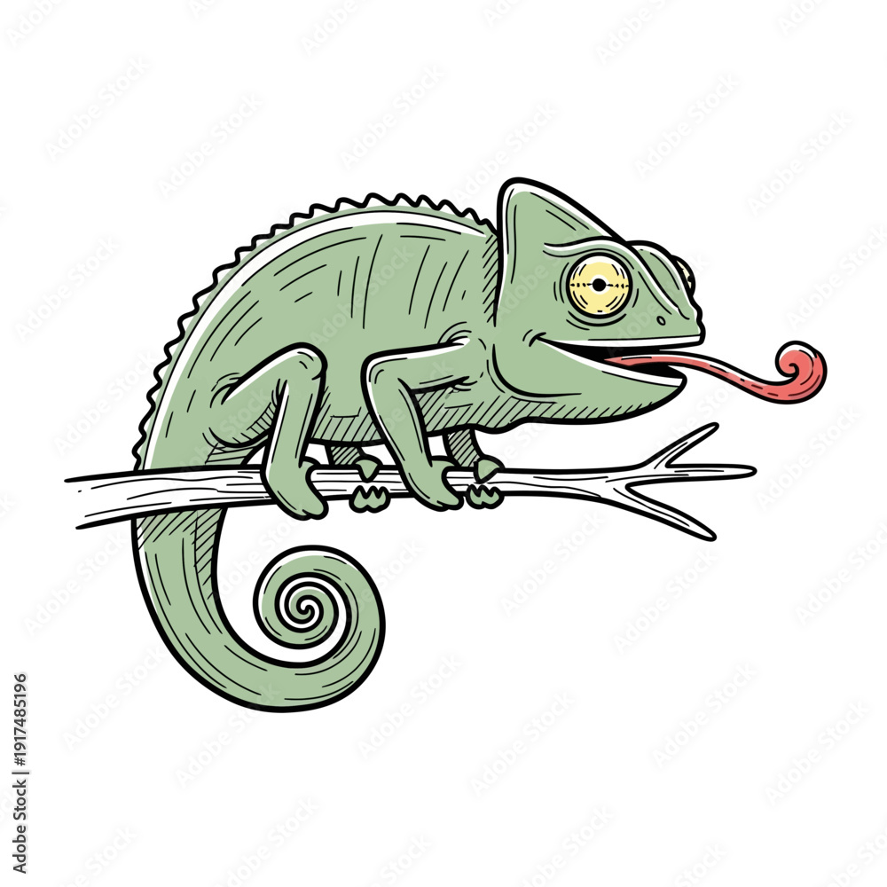 Fototapeta premium Green Chameleon Sitting on Branch.