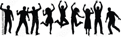 Jumping people silhouettes celebrating together, men and women expressing happiness and freedom, energetic human figures isolated on white background