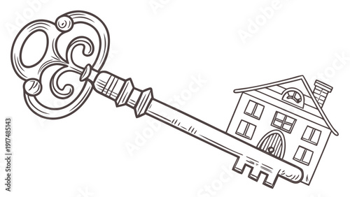 Vintage key unlocking house symbolizing home ownership and security