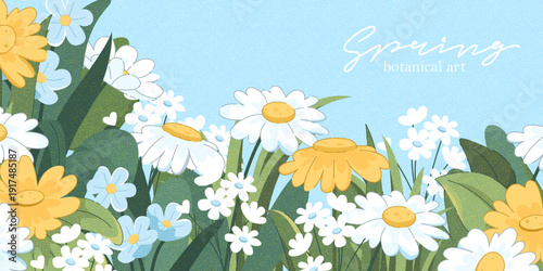 Spring flowers. Macro white, yellow buds. 8 March, women's day, Easter, mother's day holiday card. Bright colorful botanical horizontal background, pattern. Cartoon flat style
