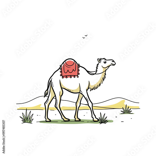Camel with Red Saddle in Desert.