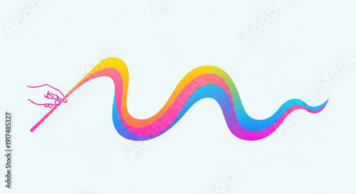Vibrant rainbow colored wavy line with hand holding paintbrush on light blue background symbolizing creativity and artistic expression