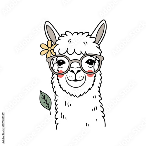 Cartoon Llama with Glasses and Flower.