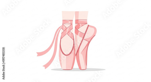 Pink ballet pointe shoes with ribbons standing upright on white background for dance and performance