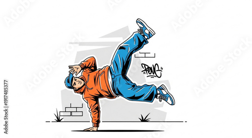 Young man performing breakdancing move on urban background with graffiti