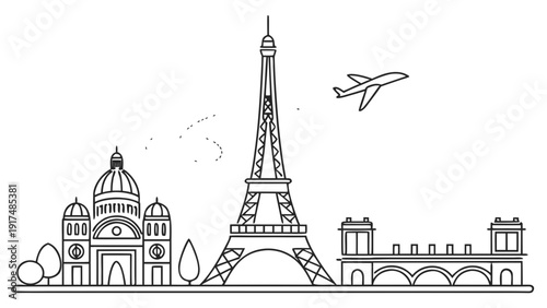 Paris cityscape with Eiffel Tower and airplane