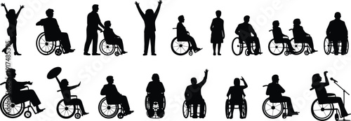Inclusive silhouette icon set with wheelchair users and diverse figures, accessibility illustration, vector artwork, editable, isolated graphic design for awareness