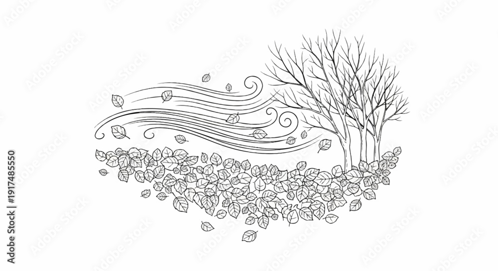 Fototapeta premium Bare trees and scattered leaves blown by wind