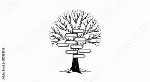 Bare tree branches with multiple blank signposts pointing in different directions
